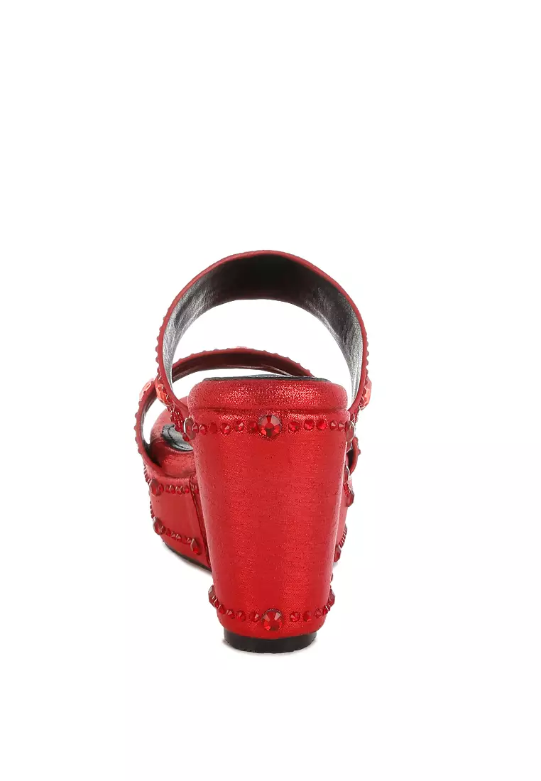 Rhinestone & Diamante Wedge Sandals in Red