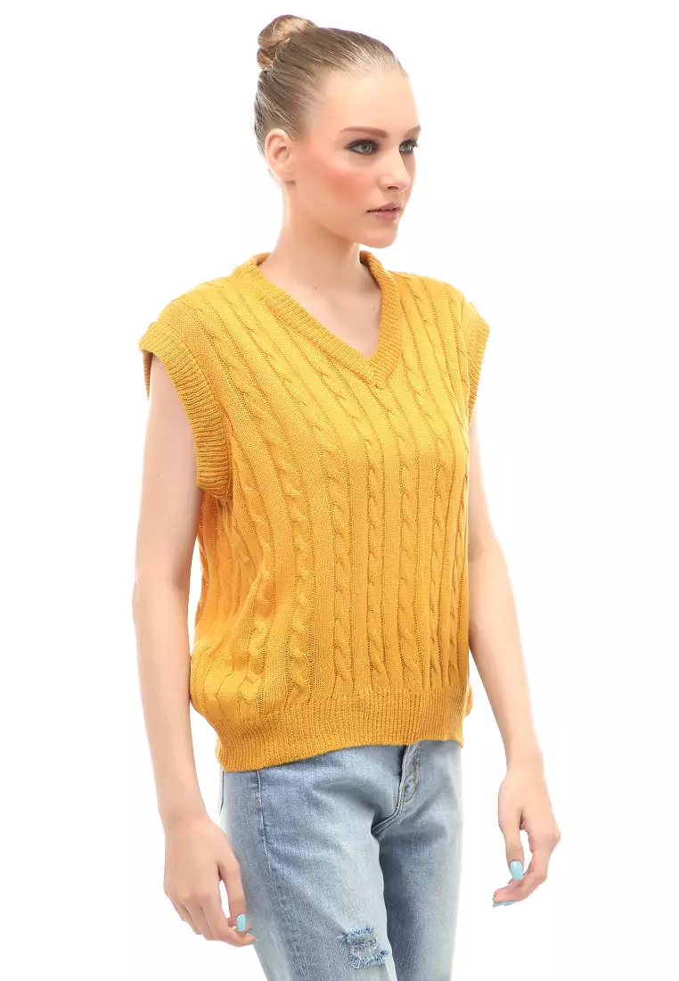 Urice Vest Rajut Atasan Wanita V-neck Sleeves Design Elegant - Mustard