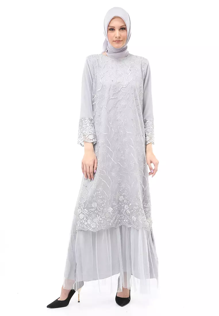 Diana Gamis Brukat Wanita Muslimah Lapis Moscrepe Premium Quality - Grey
