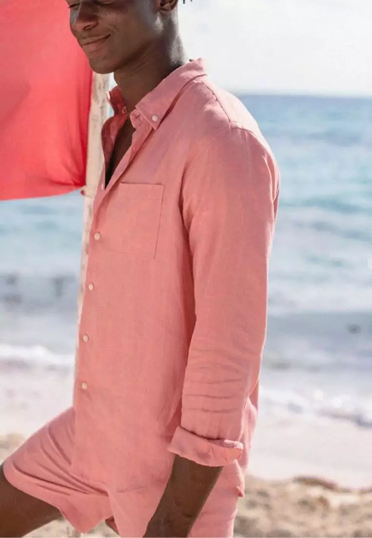 Lona Kemeja Linen Lengan Panjang Pria Salem | Linen Long Sleeve Shirt Men Peach