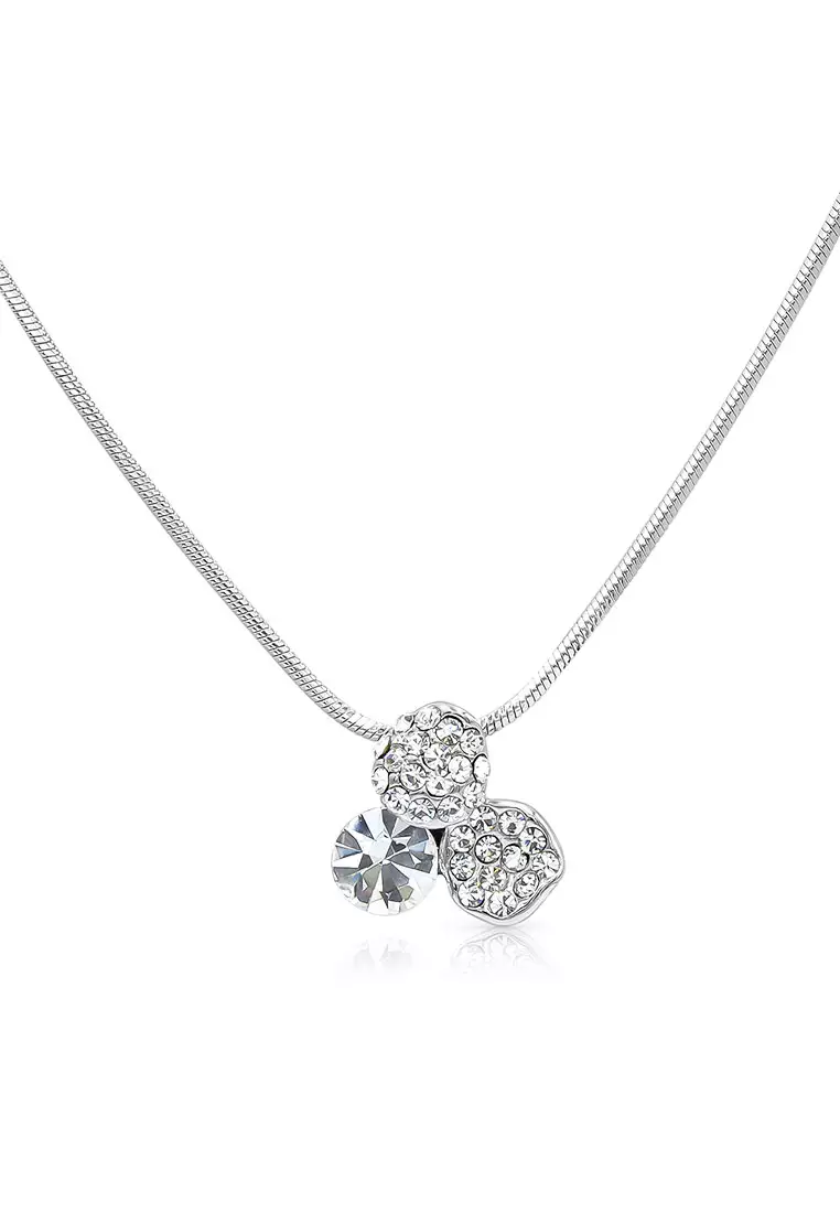 SO SEOUL Glimmering Petal White Austrian Crystal Pierced Stud Earrings with Pendant Chain Necklace Jewelry Gift Set