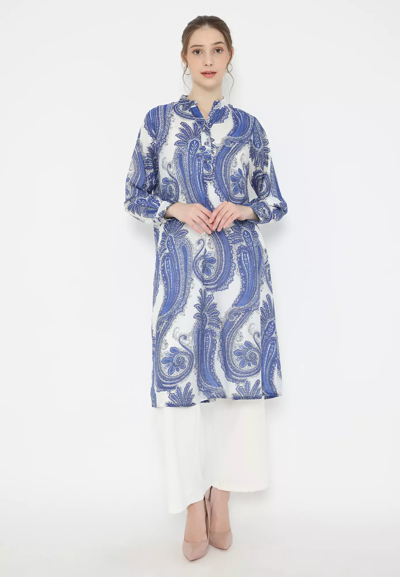 Tunic Silky Blue Paisley Etnik V Neck Long Sleeve Casual By Brilliant Girl Warna Biru Paisley