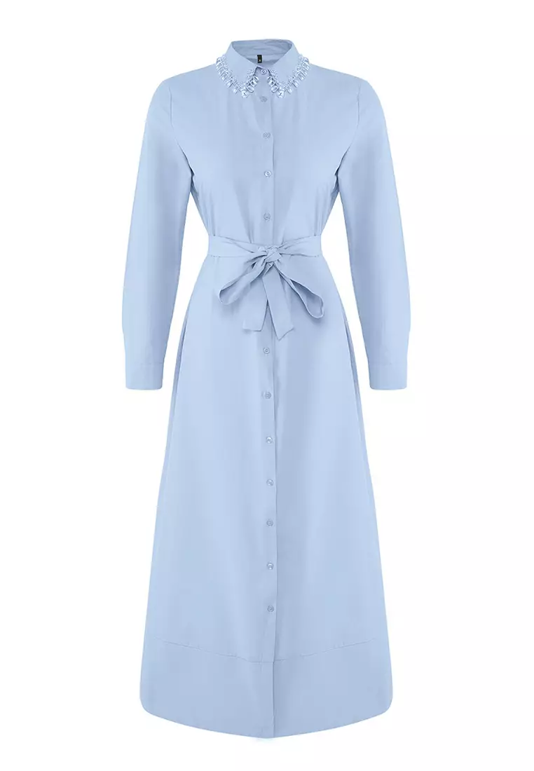 Light Blue Stone Accessory Detail Woven Shirt Dress TCTSS25EB00118
