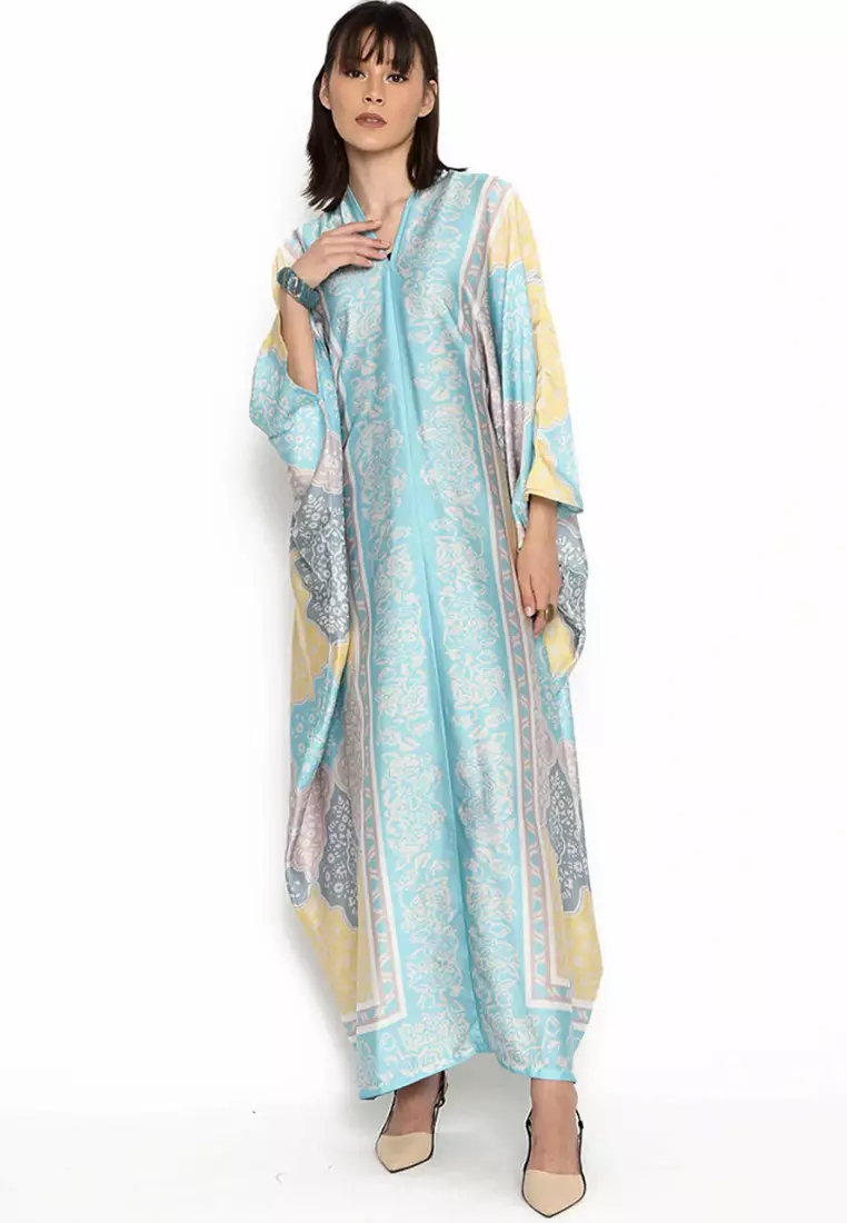Kanzi Long Sleeve Blue Geometric Kaftan