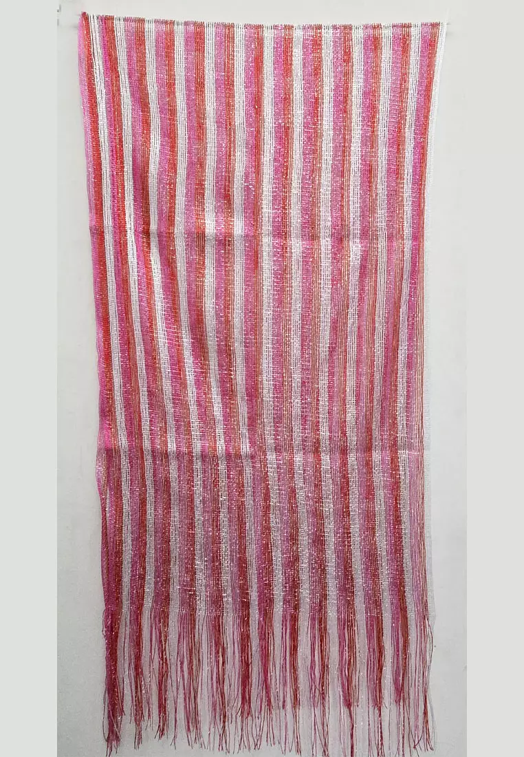 Aksesoris Wanita Stripes Metallic Evening Shawl With Fringes Syal Metalik Pesta Wanita Pink, Red & White