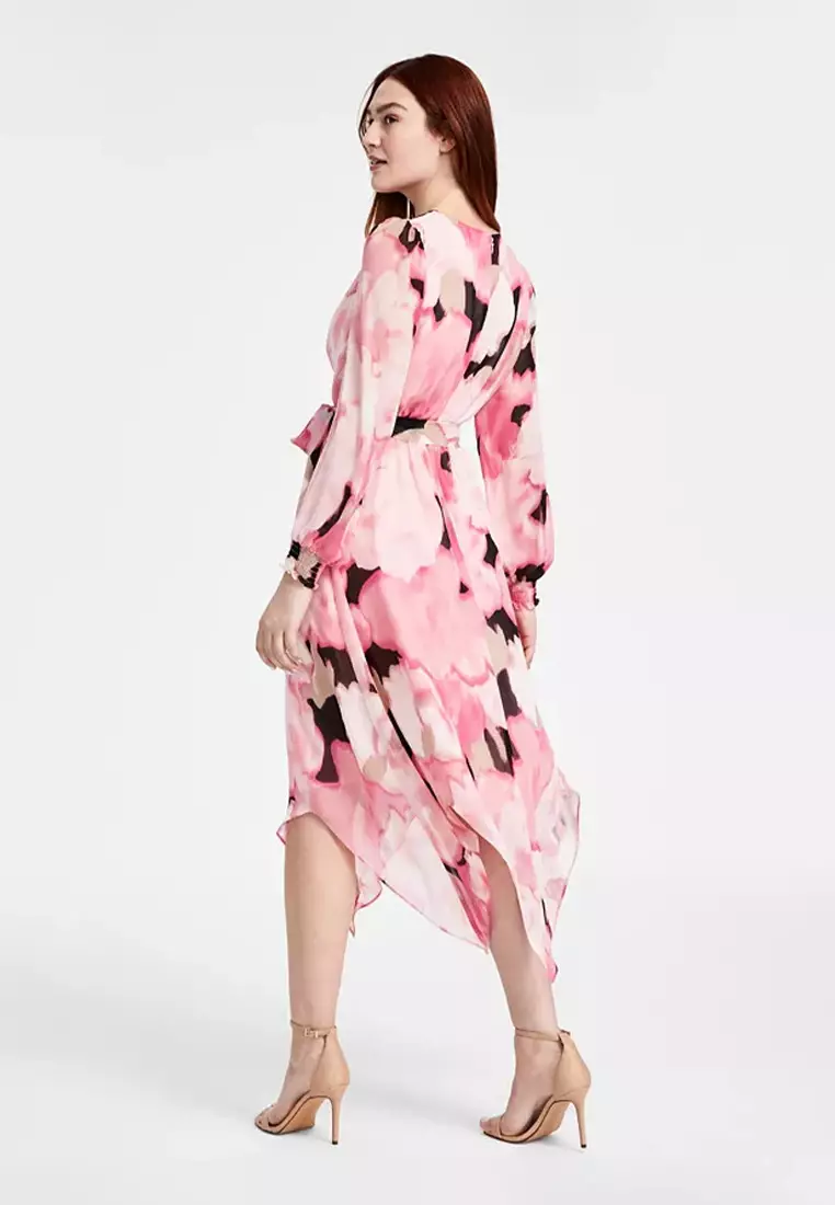 Women's Printed Smocked-Cuff Midi Dress