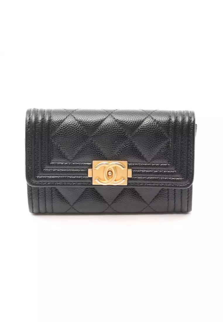 Chanel le boy flap flat o card holder o case wallet black chevron lambskin