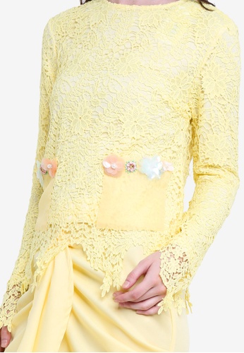 Buy Embellish Lace Top With Drape Skirt from Lubna in Yellow only 265