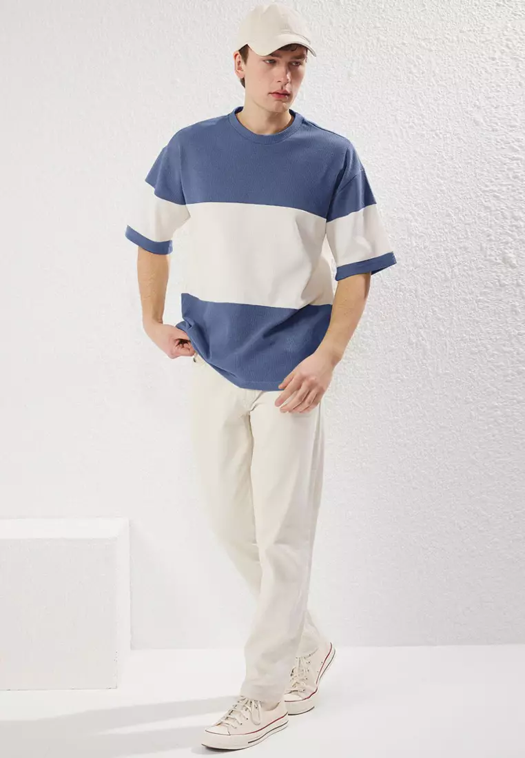 Indigo Oversize/Wide Cut Color Block Textured T-Shirt TMNSS25TS00065