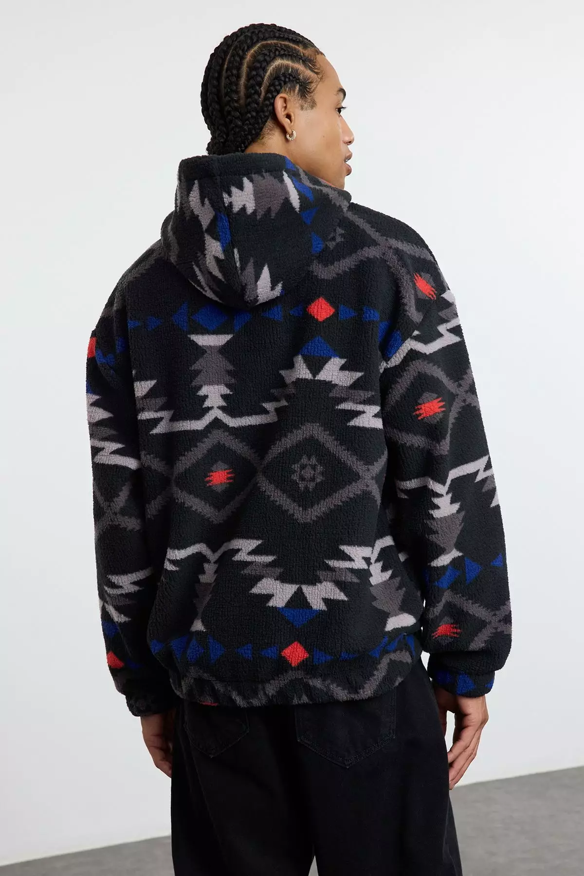 Black Unisex Oversize/Wide Cut Patterned Sherpa Fleece/Plush Hooded Sweatshirt TMNAW25SW00147