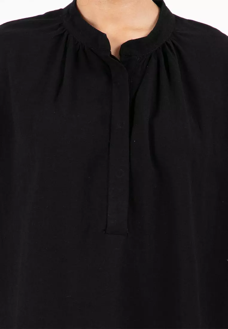 Forest Ladies Linen Oversized Band Collar Plain Blouse Women Long Sleeve Tunic | Baju Perempuan - 822391-01Black