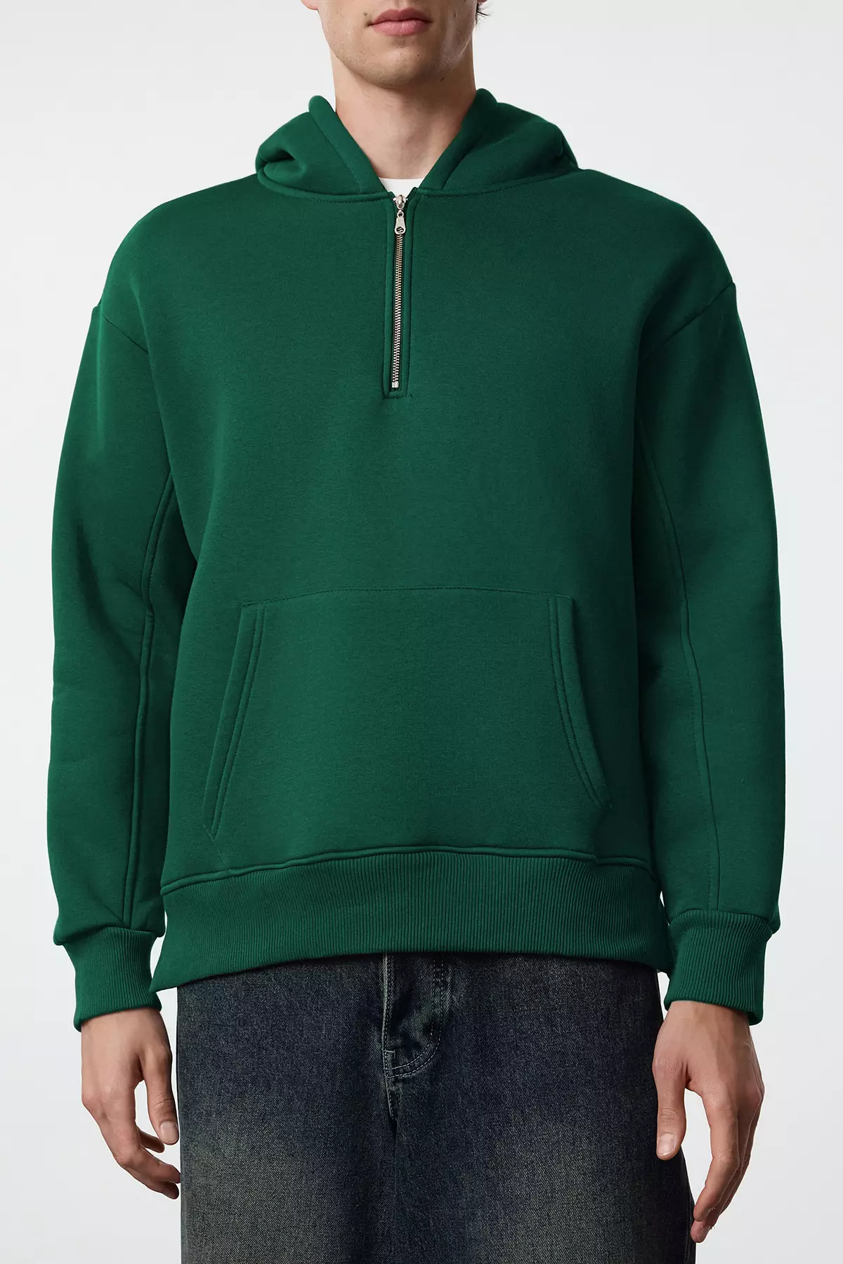 Emerald Green Oversize/Loose Cut Zipper Hooded Basic Sweatshirt With Fleece Inside Tmnaw25Sw00050