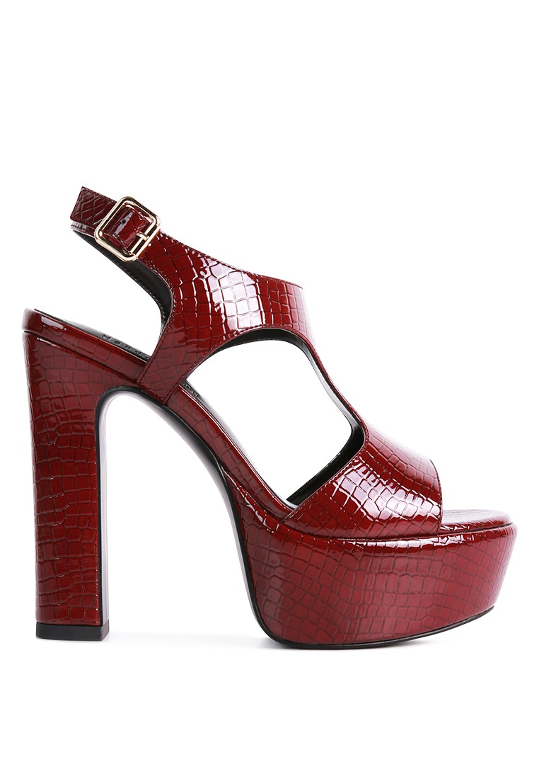 Burgundy Croc High Heeled Cut Out Sandals