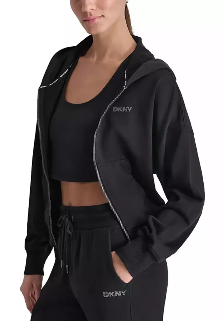 Stacked Mixed Rhinestone Stud Logo Full Zip Hoodie With Pockets