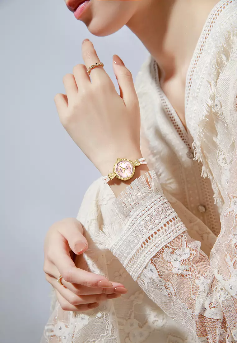 Jam Tangan Wanita Tali Mutiara Alloy Anti Air Quartz Elegan Warna Gold Pink