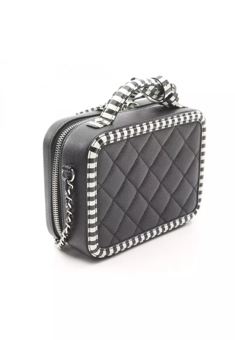 Pre-Loved Chanel CC filigree Small vanity bag chain shoulder bag Stripes Caviar skin black white silver hardware 2WAY
