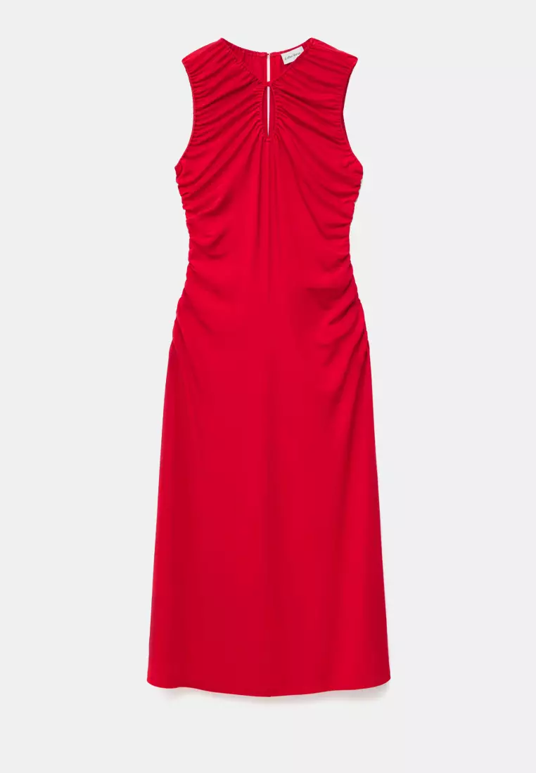 Ruched Keyhole-Neck Midi Dress