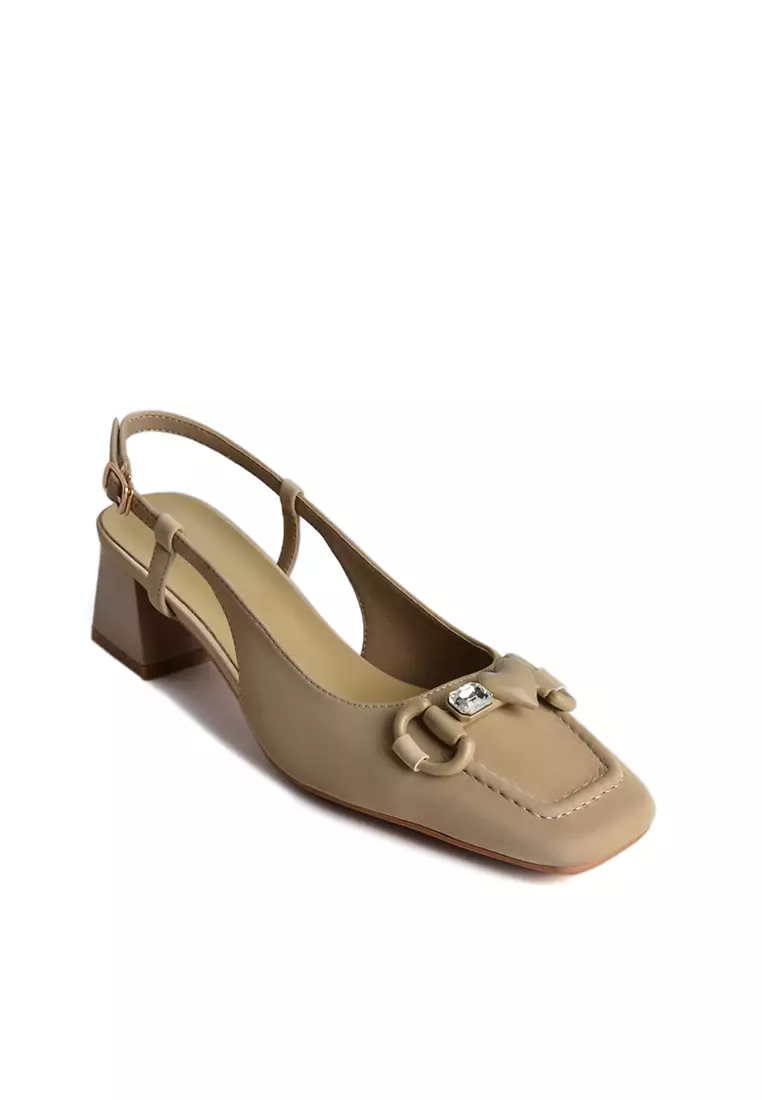 Horsebit Buckle Microfiber Leather Slingback Mid Heel XJ333-12