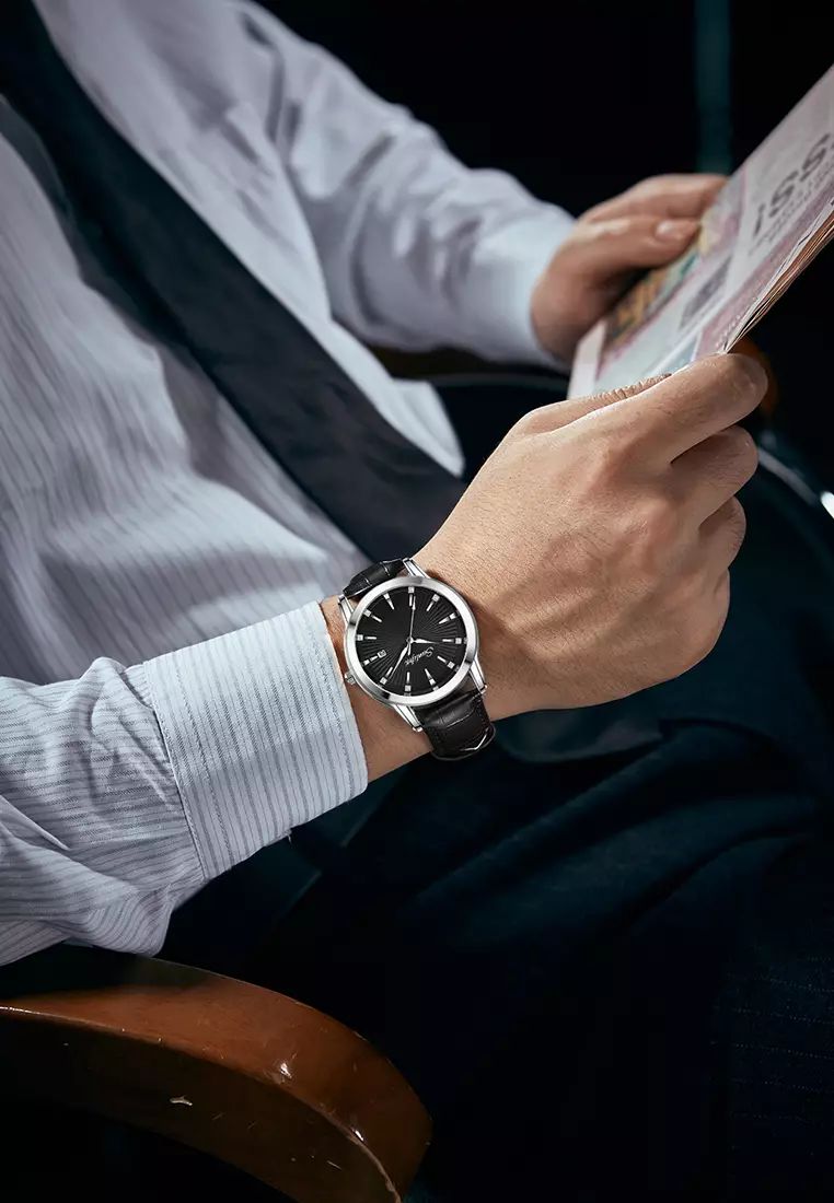 Jam Tangan Pria Original Kuarsa Bisnis Mode Anti Air Tali Kulit Jam Tangan Cowok 7006 black