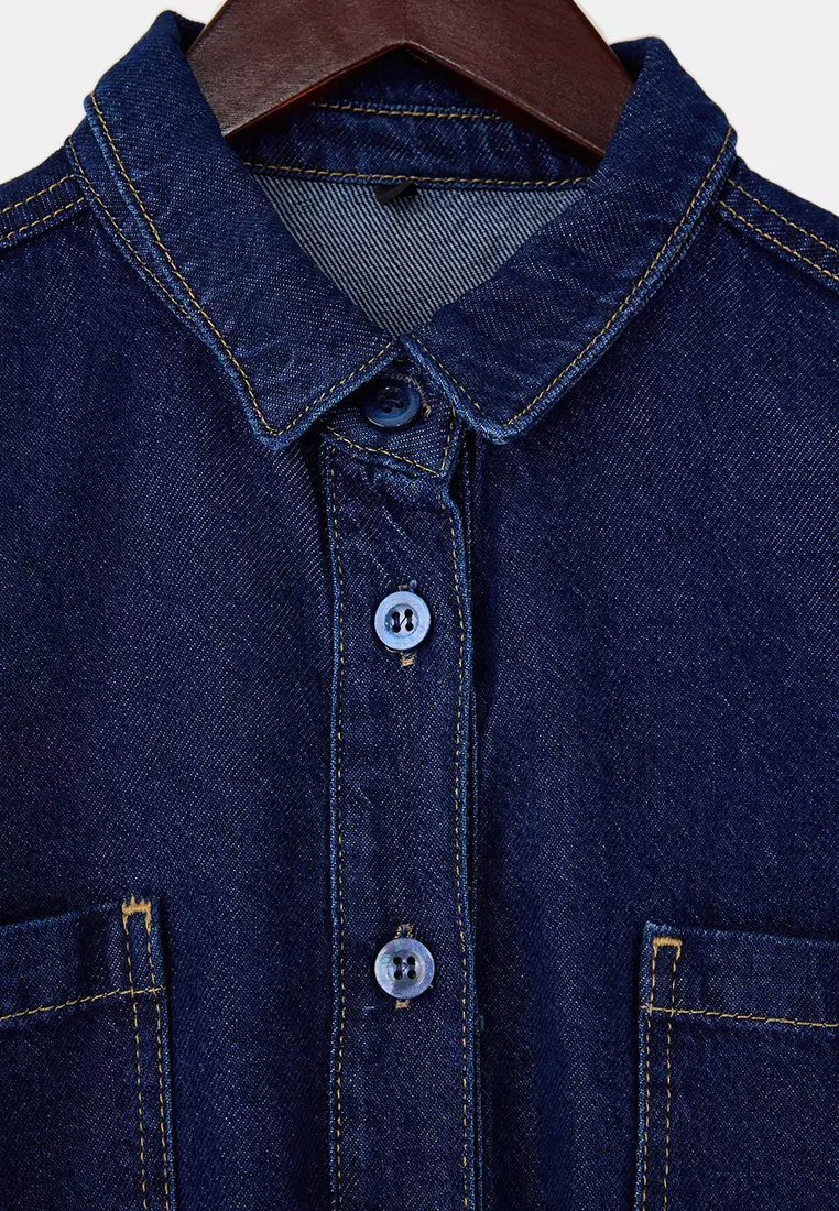 Dark Blue Waist-Tied Tencel Blended Denim Shirt Twoss26Go6