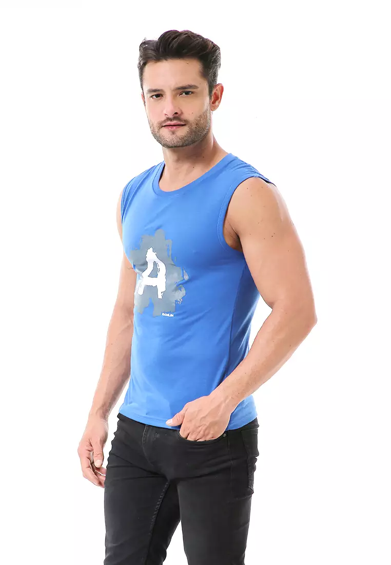 Bobby Atasan Kasual Pria Singlet Motif Huruf A Atasan Tanpa Lengan Material Cotton ORIGINAL - Blue