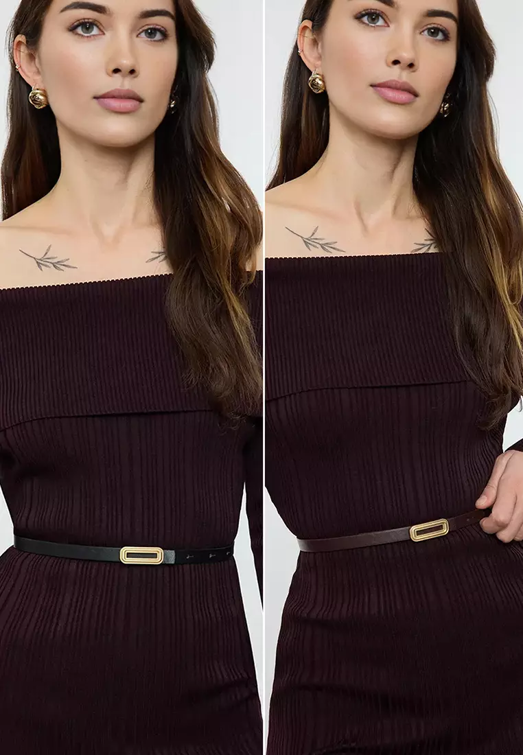 Black-Burgundy Buckled 2-Pack Leather Look Belt