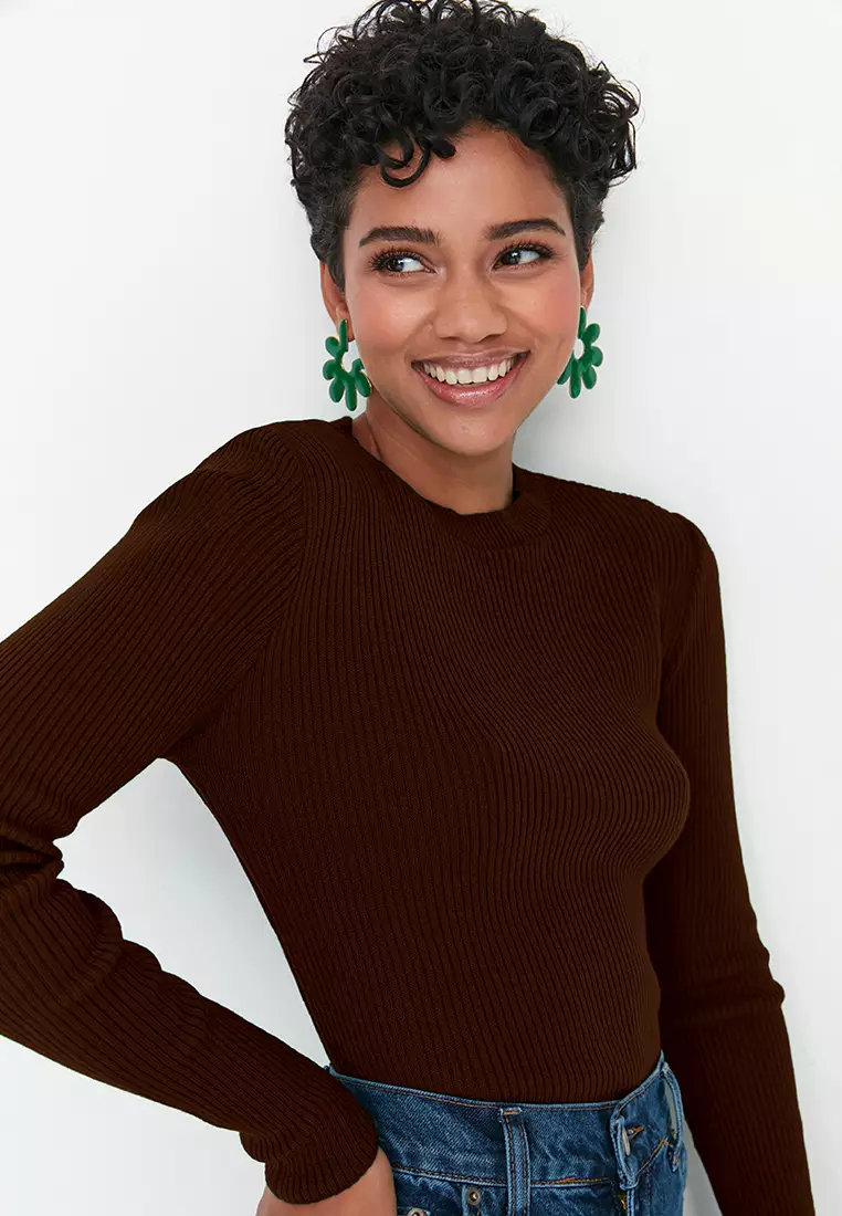 Brown Basic Ribbed Knit Sweater