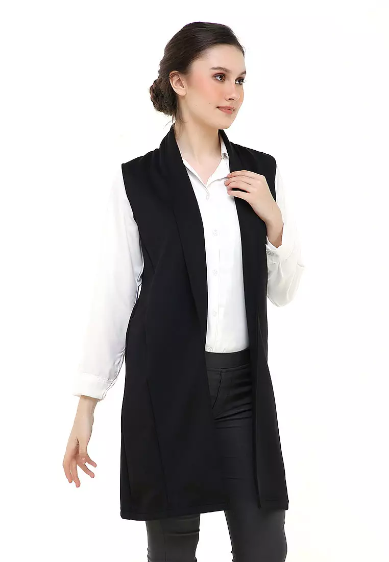 Qemsya Blazer Wanita Sleeveless Simple Casual Plain Outer Material Scuba ORIGINAL - Black