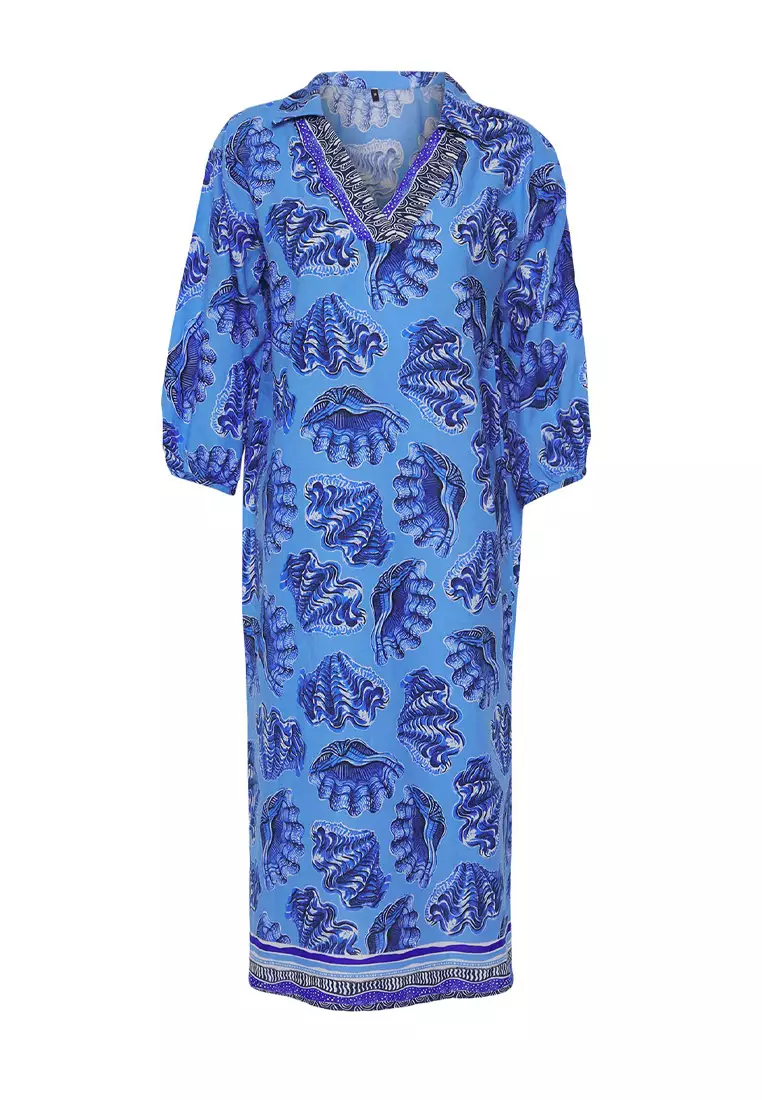 Multi-Colored Slogan Maxi Three-Quarter Sleeve Beachwear Regular Dress