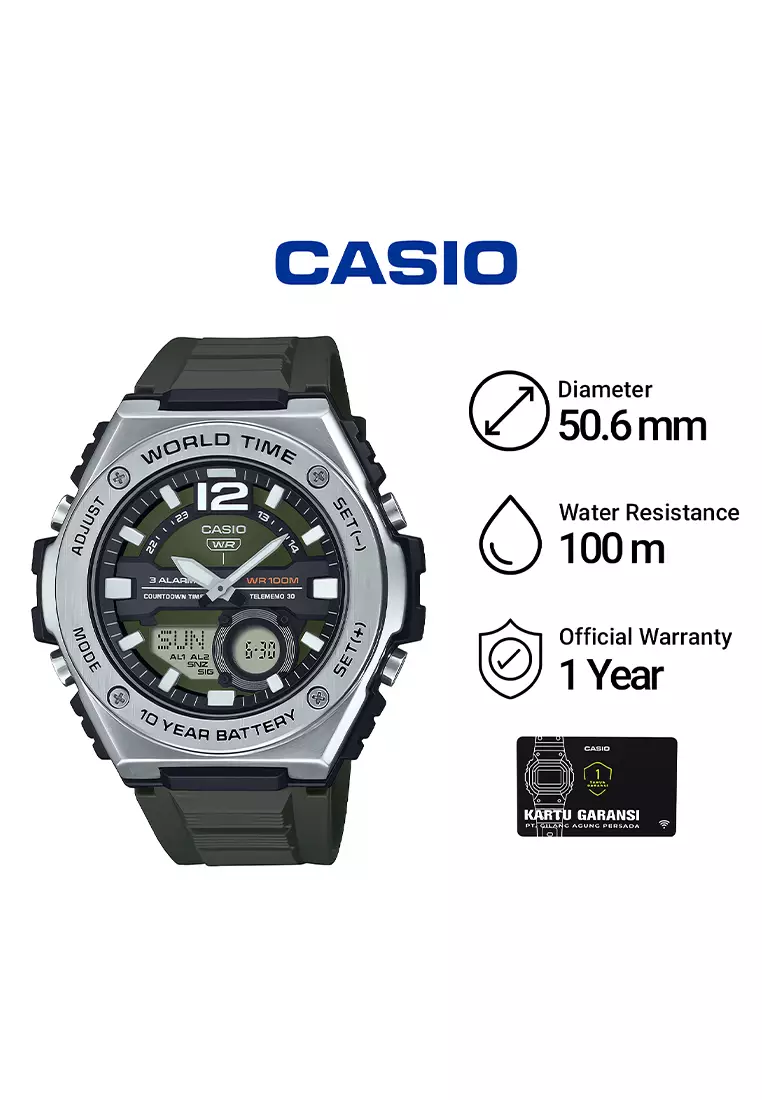 Jam Tangan Analog Digital Pria Casio MWQ-100-3AV Green Resin Strap