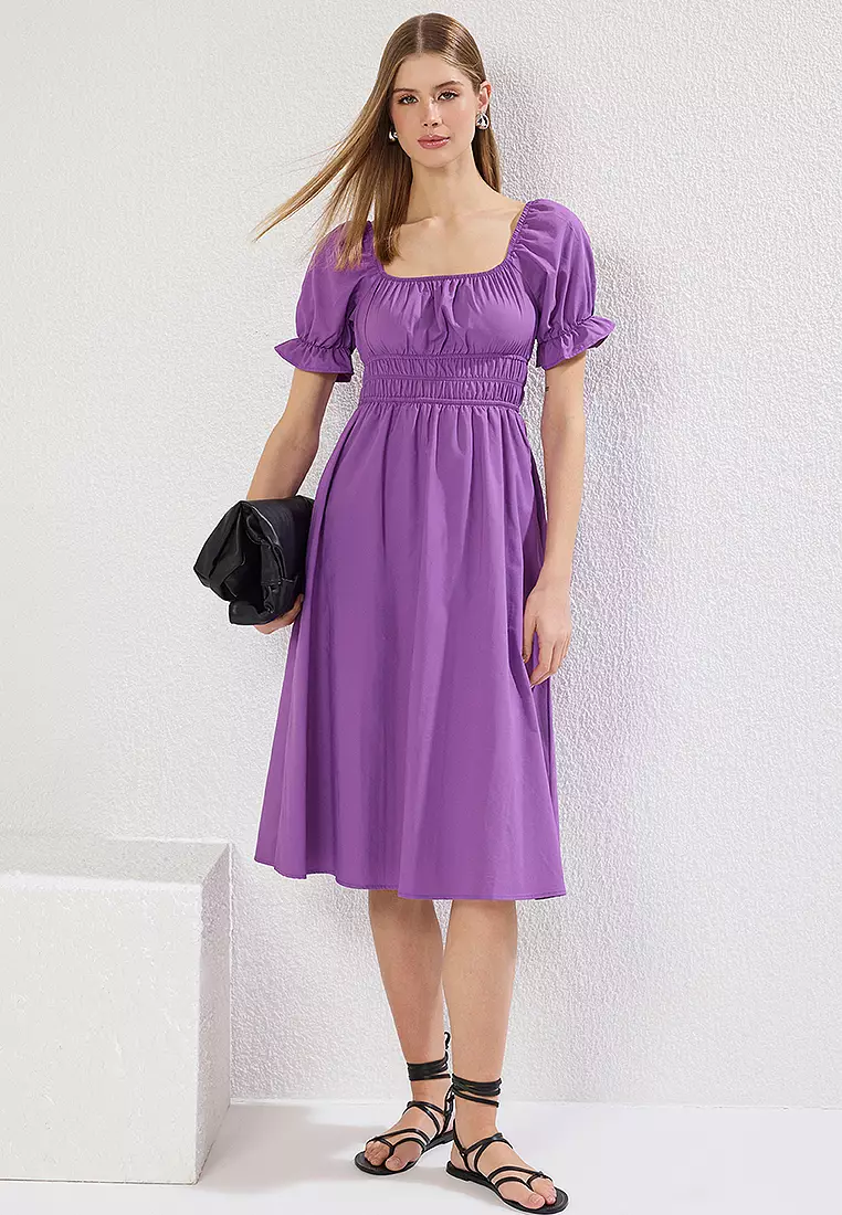 Purple Plain Skirt Elastic Waist Opening Midi Woven Dress
