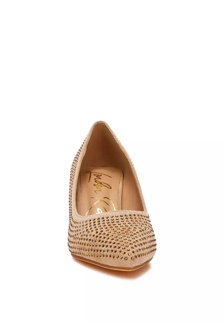 米色水鑽裝飾高跟鞋