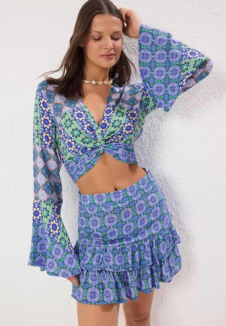 Ethnic Patterned Flounce Blouse Skirt Beach Suit TBESS25AU00031