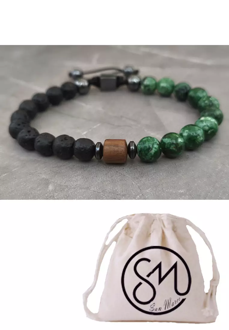 Aksesoris Gelang Pria Macrame Wooden Stump Center Malachite & Lava Stones Bracelet Black & Green