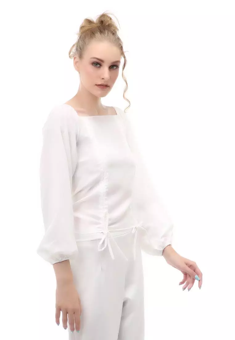 Cheva Blouse Atasan Wanita Sabrina Tali Lengan Panjang Casual Top Long Sleeve Comfortable Material Wolfis ORIGINAL - White