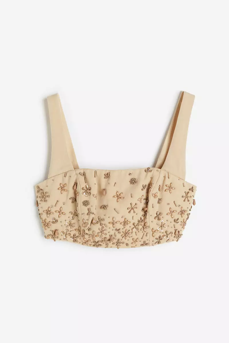 Beaded square-neck crop top