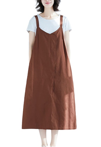 Sunnydaysweety brown Casual Loose Plus Size Suspenders One-Piece Dress A21051337BW FD1D4AAC189B51GS_1