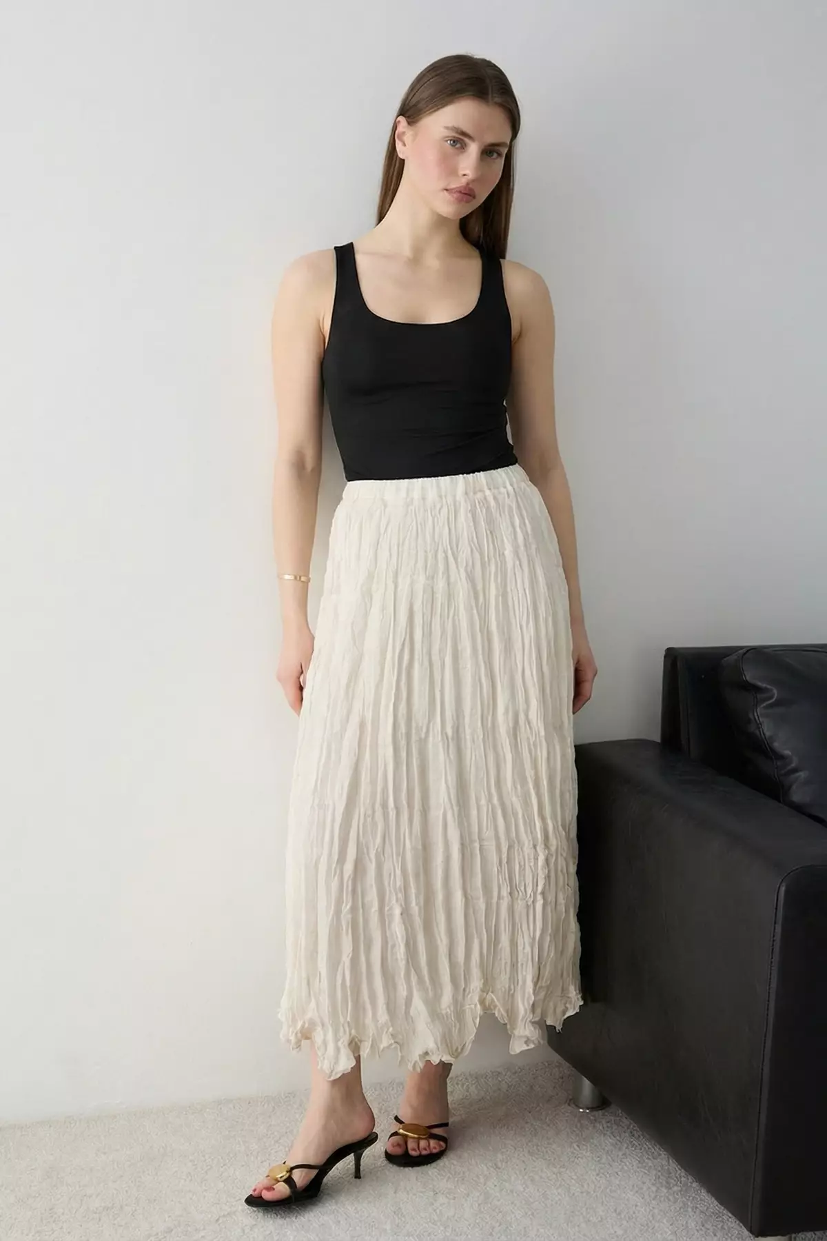 Stone Crinkle Lined Maxi Asymmetrical Skirt Twoss26Et16