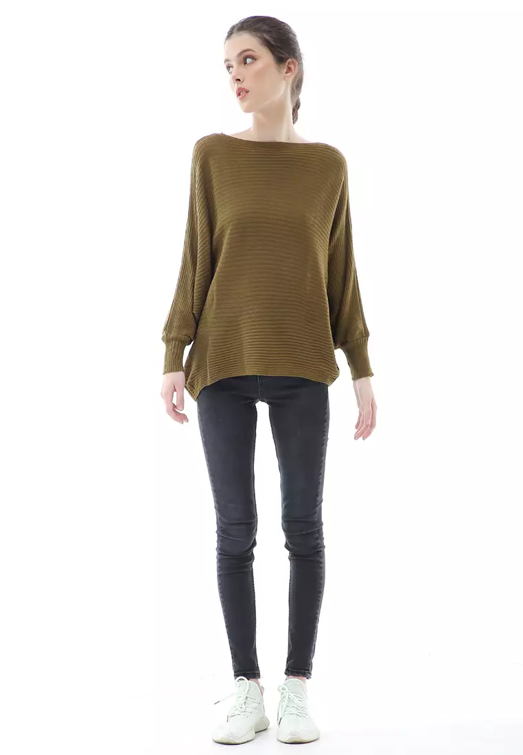 Eveline Sweater Rajut Batwing Atasan Wanita Motif Polos High Quality - Bronze