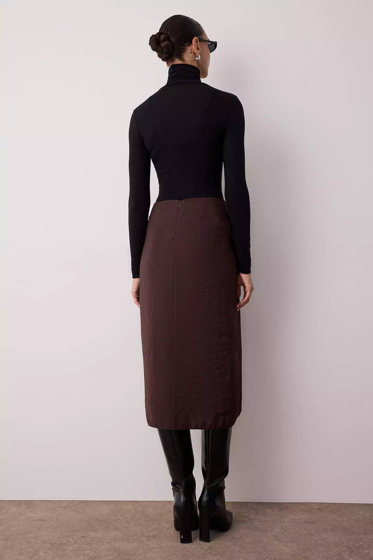 Dark Brown Belted Double Breasted Midi Viscose Skirt