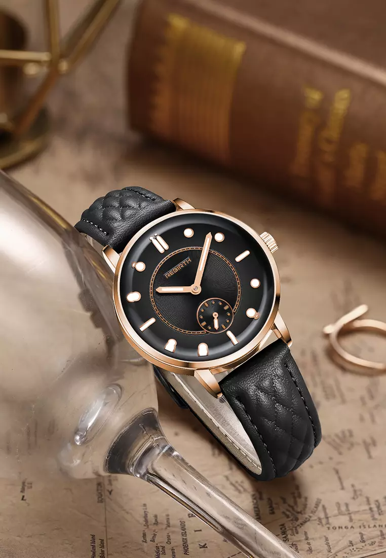 Jam Tangan Wanita Original Anggun Bercahaya Tali Kulit Mode Jam Tangan Cewek allblack