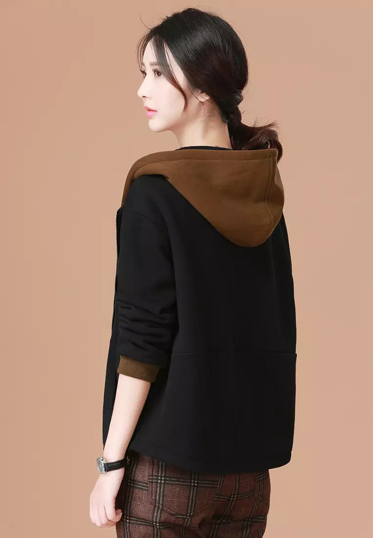 A IN GIRLS Simple Colorblock Hooded Plus Velvet Sweater Coat 2024