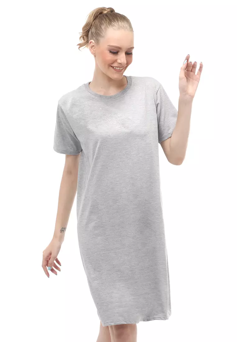 Finch Midi Dress Wanita Short Sleeves Motif Polos - Abu