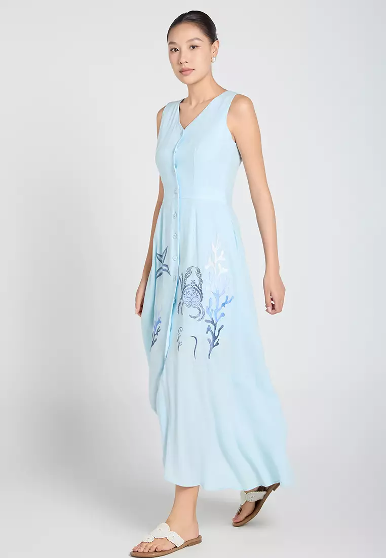Sleeveless V-neck Embroidered Linen Maxi Dress