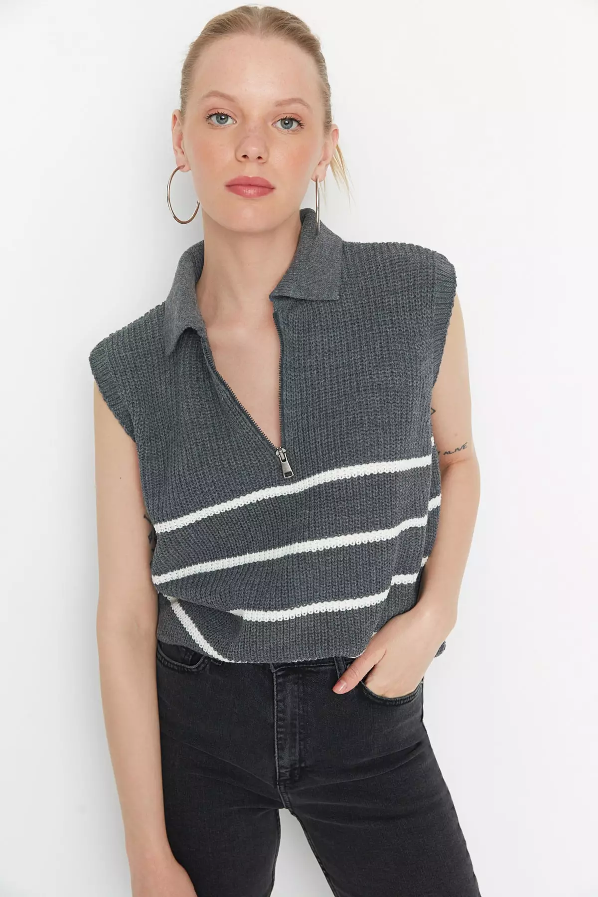 Anthracite Zippered Striped Polo Neck Sweater Twoaw23Sv7