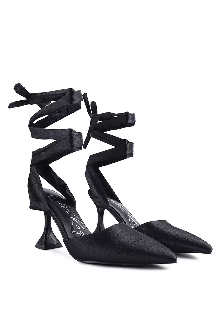 Black Kitten Heel Tie Up Satin Sandals
