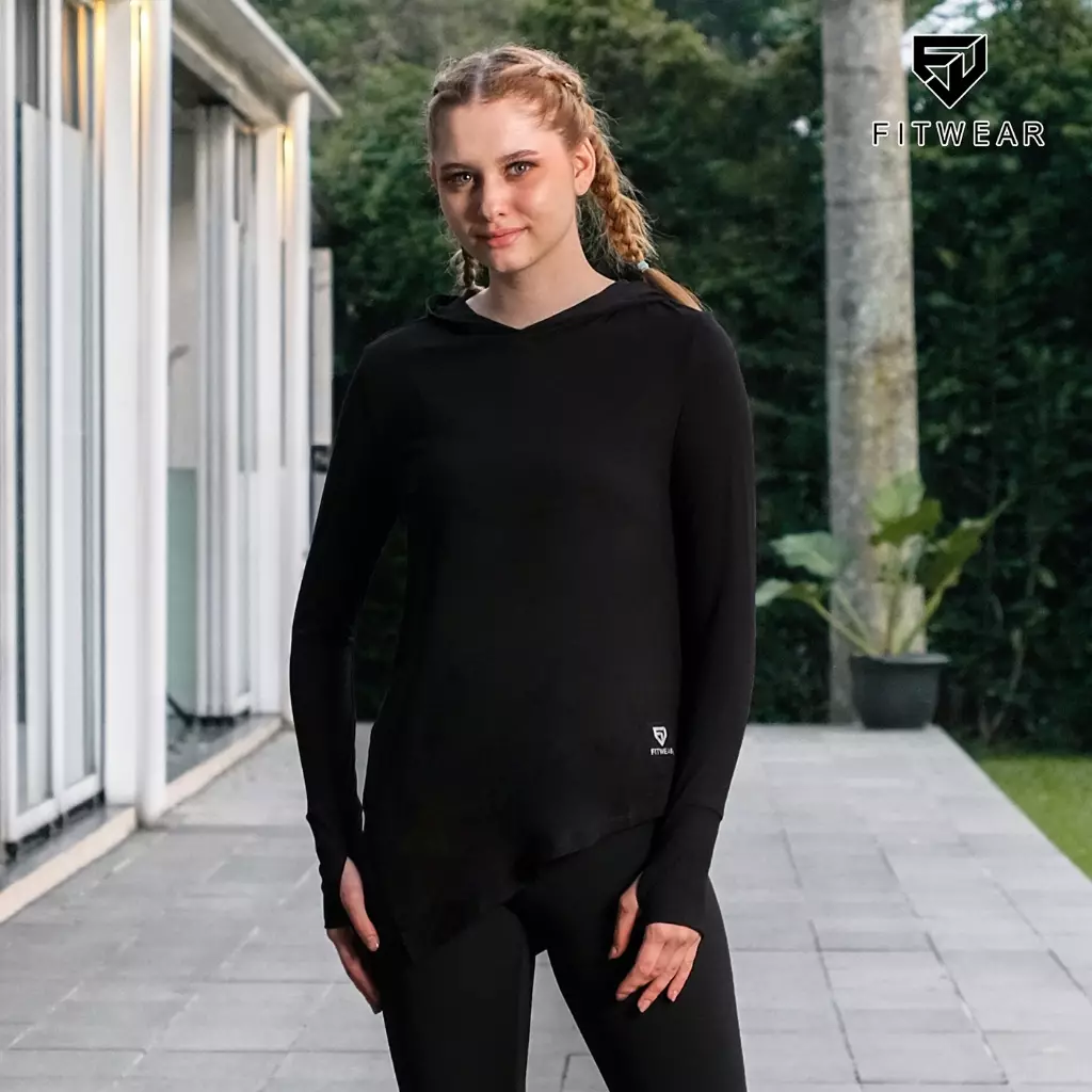 Fitwear - Kaos Olahraga Wanita AMELIA HOODIE DRYFIT SIDE TIE - BLACK