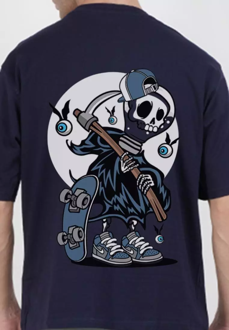 Oversized Grim Reaper Navy Blue  Cotton Short Sleeve Essential T-Shirt