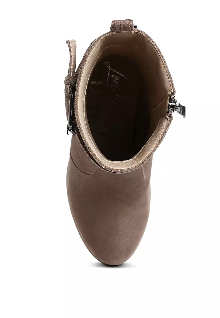 Flared Block Heel Mid-Calf Boots in Taupe