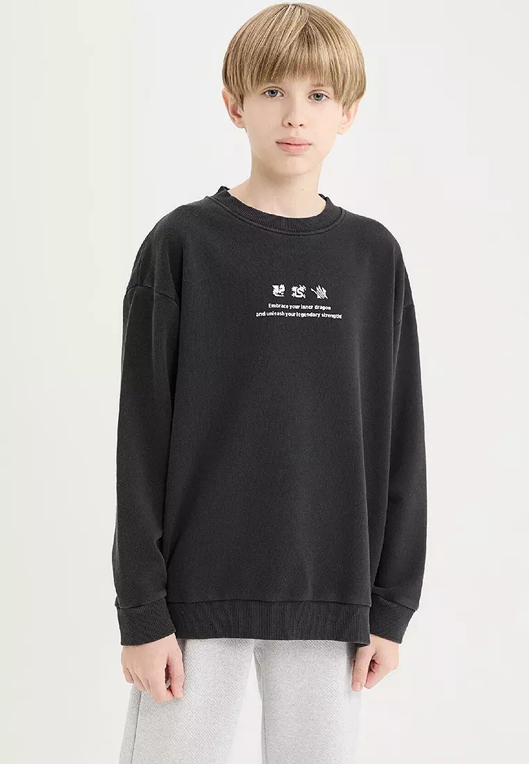 Oversize Wide Cut Crew Neck Back Printed Washed Faded Effect Sweatshirt